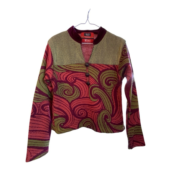KLO Red Green Swirl Pattern Cardigan Size Small - Picture 2 of 7